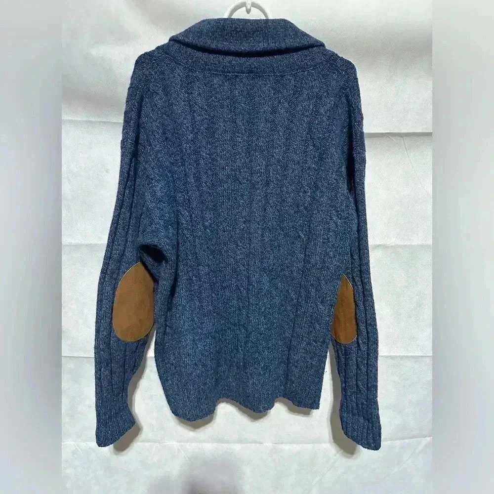VTG Eddie Bauer L Wool Cardigan Cable Knit Sweater Blue Shawl Collar Elbow Patch